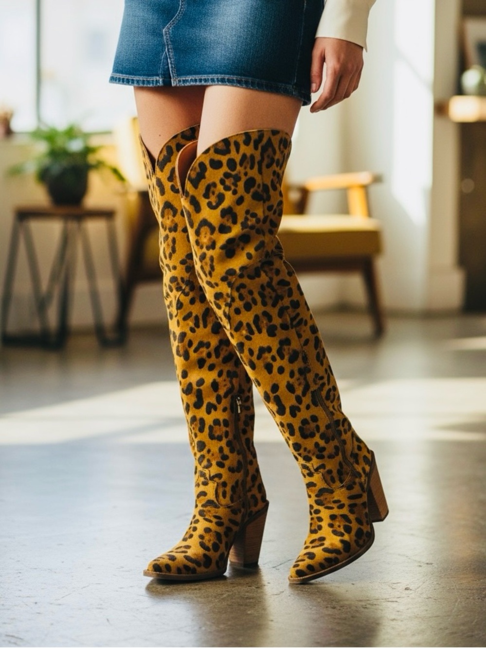 Dingo Women's Suede Leopard Print Tall Thigh High Western Snip Toe Boots